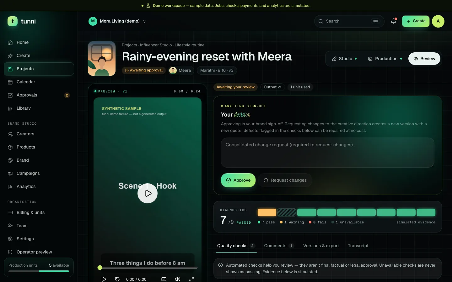 Tunni review screen: vertical video player, scene timeline and quality checks with evidence